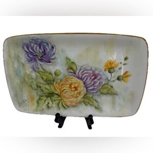 VTG Bordeaux France Hand Painted Chrysanthemum Floral Gold Trim Plate Signed